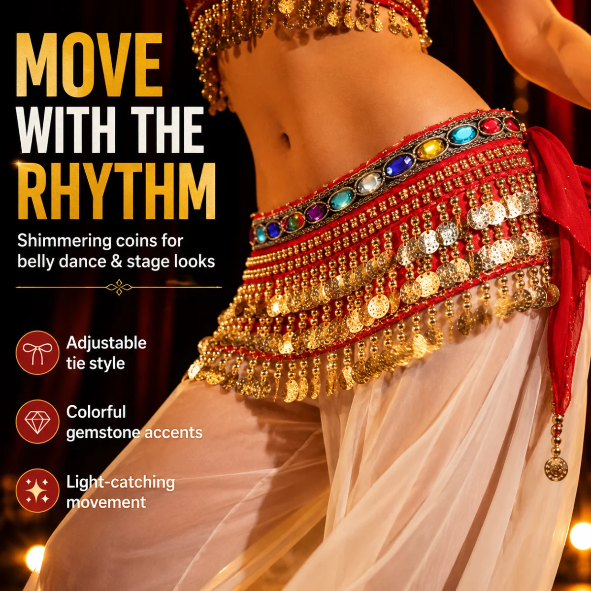 Women Belly Dance Hip Scarf Coin Belt Red Waist Chain with Colorful Gems for Dance Costume Stage Performance
Women Belly Dance Hip Scarf Coin Belt Red Waist Chain with Colorful Gems for Dance Costume Stage Performance