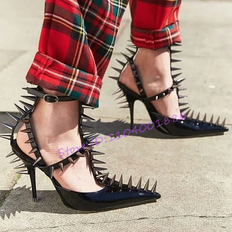 Sexy Pointed Toe Women's Sandals Punk Rivets Ankle Strap High Heels Pumps Black White Patent Leather Stiletto Party Dress Shoes
Sexy Pointed Toe Women's Sandals Punk Rivets Ankle Strap High Heels Pumps Black White Patent Leather Stiletto Party Dress Shoes