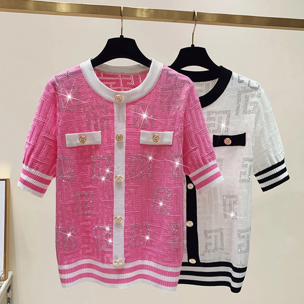Fashion Summer Small Fragrance Wind Sweater Women's 2025 Chic Contrast Ice Thin Hollow Out Pullovers Short Sleeve Knit T Shirts
Fashion Summer Small Fragrance Wind Sweater Women's 2025 Chic Contrast Ice Thin Hollow Out Pullovers Short Sleeve Knit T Shirts