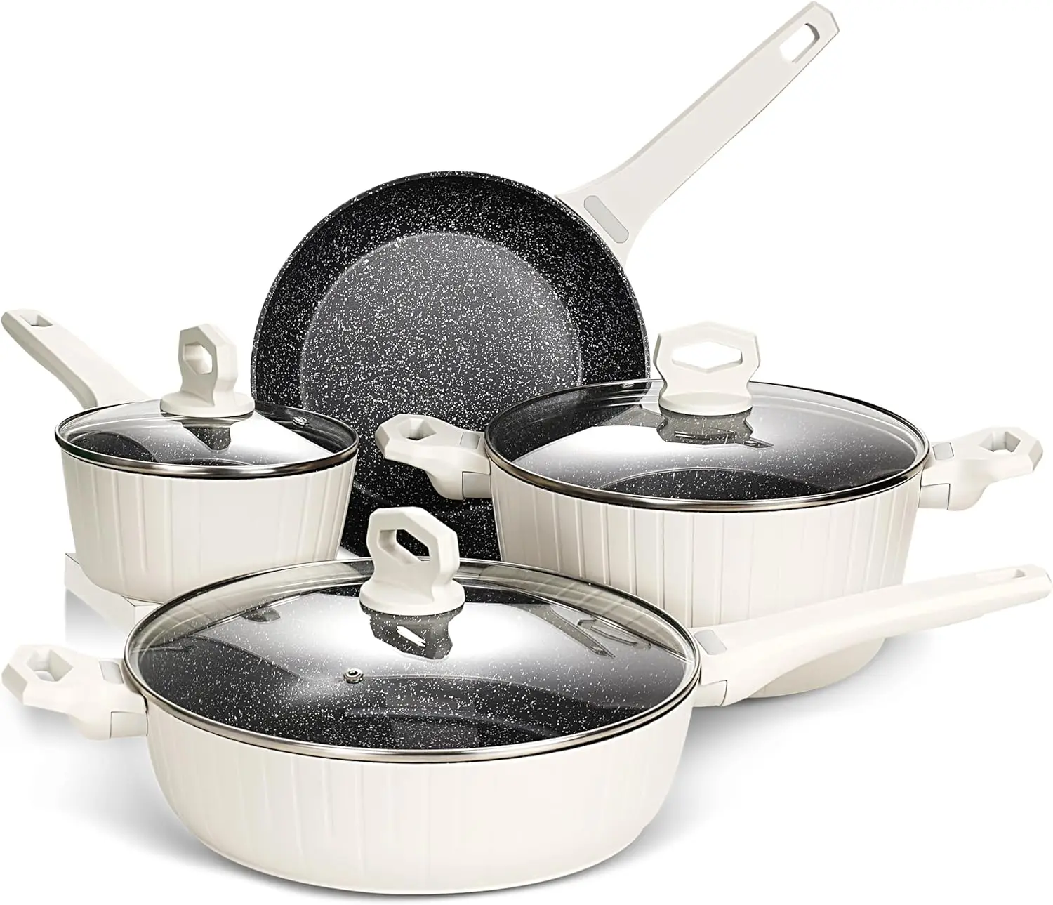 Pots and Pans Set Non-stick , Granite Induction Kitchen Cookware Sets (7 Pcs ), White and Black Cooking Set w/Frying Pans Set &
Pots and Pans Set Non-stick , Granite Induction Kitchen Cookware Sets (7 Pcs ), White and Black Cooking Set w/Frying Pans Set &