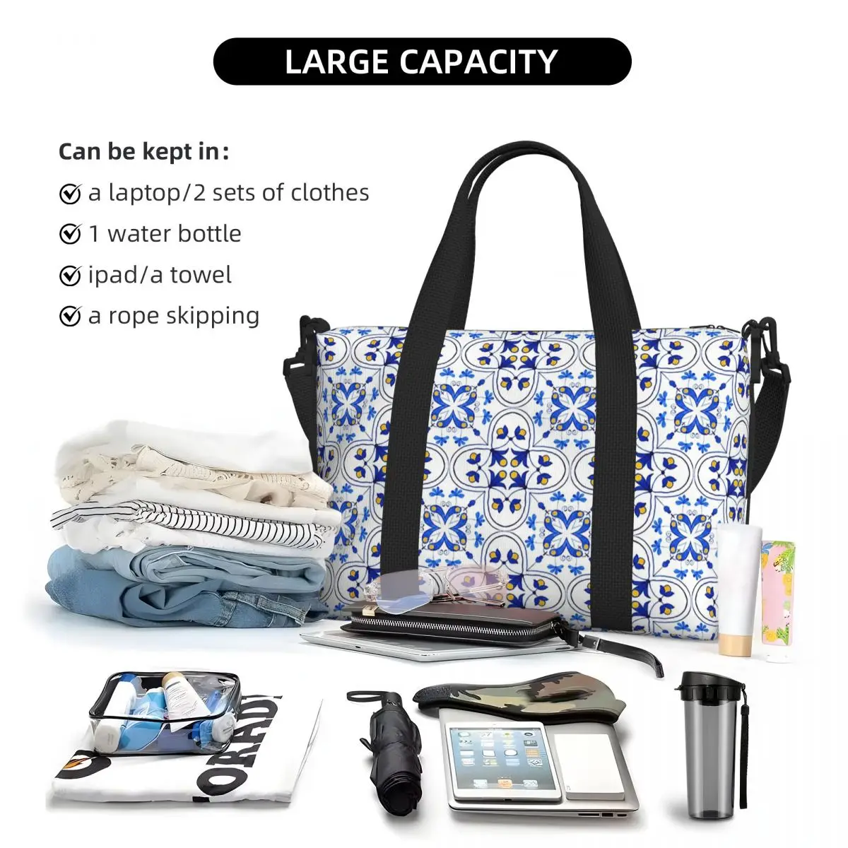 Portuguese Tile White Blue And Turquoise Vintage Pattern Beach Travel Bag Tote Bags for Gym Women Shopping Duffle Shoulder Bag
Portuguese Tile White Blue And Turquoise Vintage Pattern Beach Travel Bag Tote Bags for Gym Women Shopping Duffle Shoulder Bag