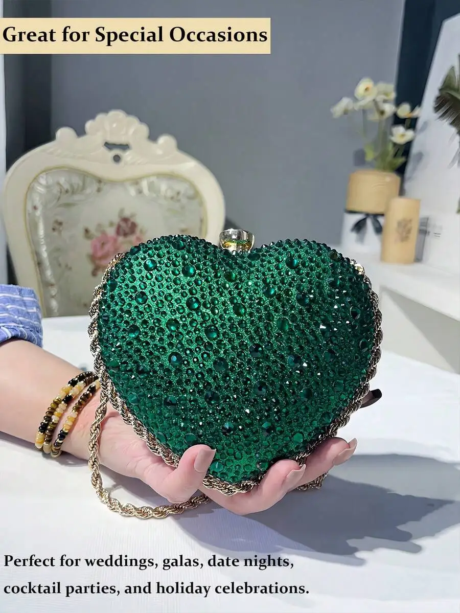Emerald Green Heart Clutch With Sparkling Rhinestones And Chain Strap For Weddings, Galas, Date Nights, Cocktail Parties
Emerald Green Heart Clutch With Sparkling Rhinestones And Chain Strap For Weddings, Galas, Date Nights, Cocktail Parties