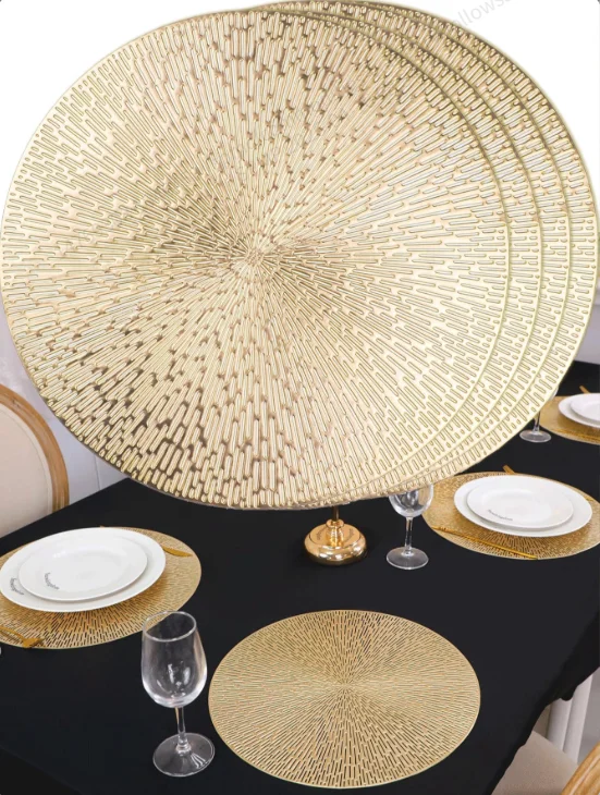 15-Inch Gold Round Placemats, Non-Slip Wipeable Leaf Pattern Metal Plastic Vinyl Placemats, Suitable For Anniversary Celebrations And Daily Use
15-Inch Gold Round Placemats, Non-Slip Wipeable Leaf Pattern Metal Plastic Vinyl Placemats, Suitable For Anniversary Celebrations And Daily Use