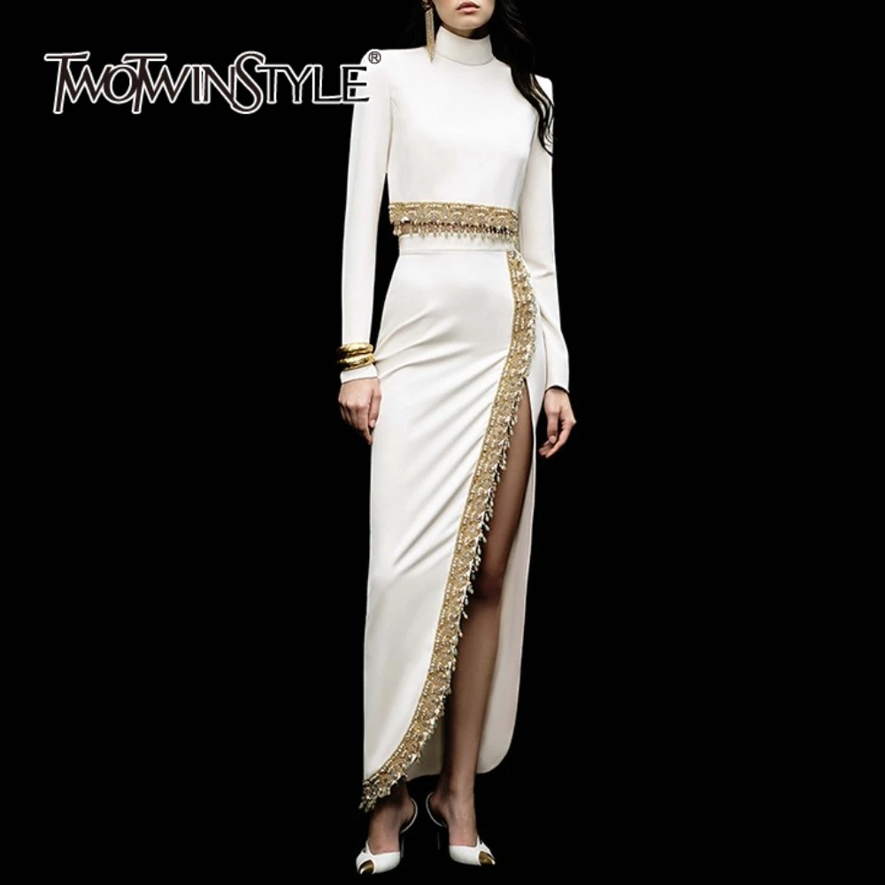 TWOTWINSTYLE Slimming Spliced Beading Two Piece Sets for Women Stand Neck Long Sleeves Top High Waist Split Skirt Set Female New
TWOTWINSTYLE Slimming Spliced Beading Two Piece Sets for Women Stand Neck Long Sleeves Top High Waist Split Skirt Set Female New