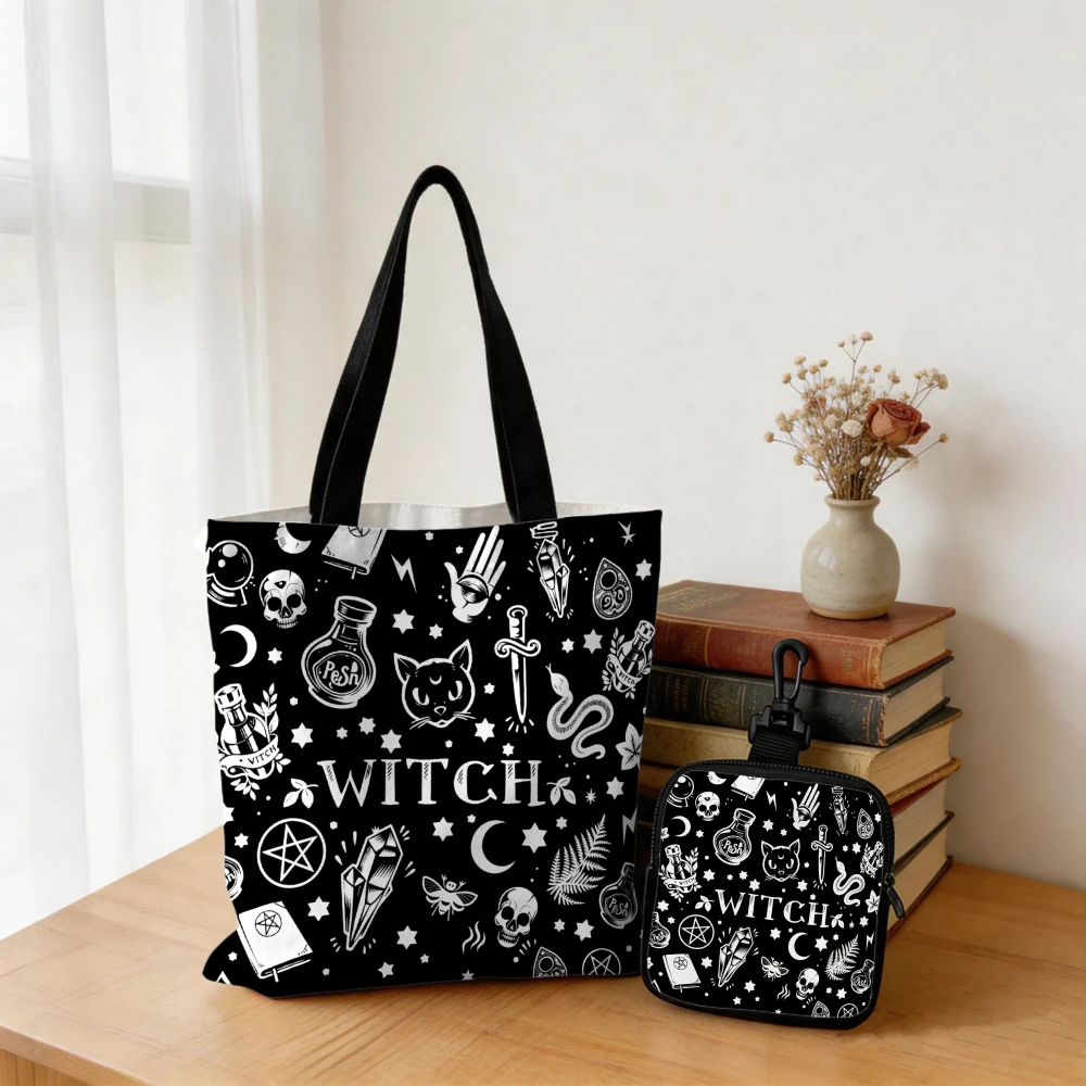 Witchcraft Alchemy Print Tote Bag with Matching Coin Purse - Black Cat Skull Pentagram Moon Pattern Reusable Shopping Bag Set
Witchcraft Alchemy Print Tote Bag with Matching Coin Purse - Black Cat Skull Pentagram Moon Pattern Reusable Shopping Bag Set