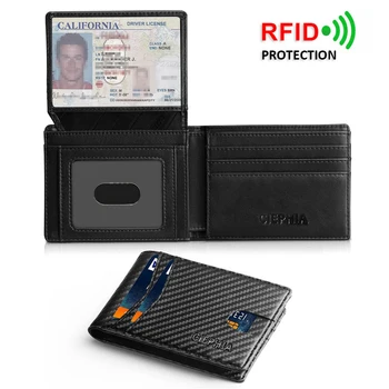 남성용 슬림 바이폴드 RFID 차단 보호 지갑, 얇고 짧은 다기능 지갑, 2 개의 ID 창 머니 클립