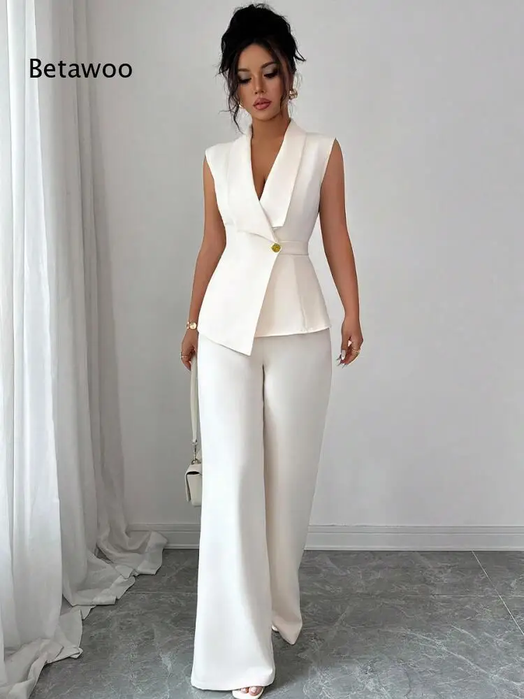 Gold Button Waistcoat & Wide Leg Pants Set, Women Formal 2-Piece Suit
Gold Button Waistcoat & Wide Leg Pants Set, Women Formal 2-Piece Suit