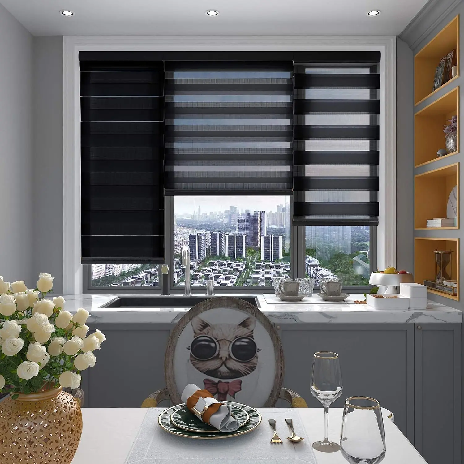 Cordless Zebra Blinds for Windows - Dual Layer Light Filtering, Thermal Insulated Roller Shades (23" W×72" H, Black)
Cordless Zebra Blinds for Windows - Dual Layer Light Filtering, Thermal Insulated Roller Shades (23" W×72" H, Black)