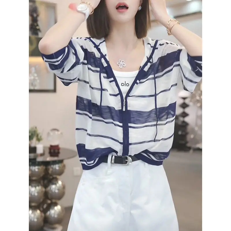 Stripped V Neck Casual Loose Fit Half Sleeve Women's Top With Zipper Detail For Summer Office Wear
Stripped V Neck Casual Loose Fit Half Sleeve Women's Top With Zipper Detail For Summer Office Wear
