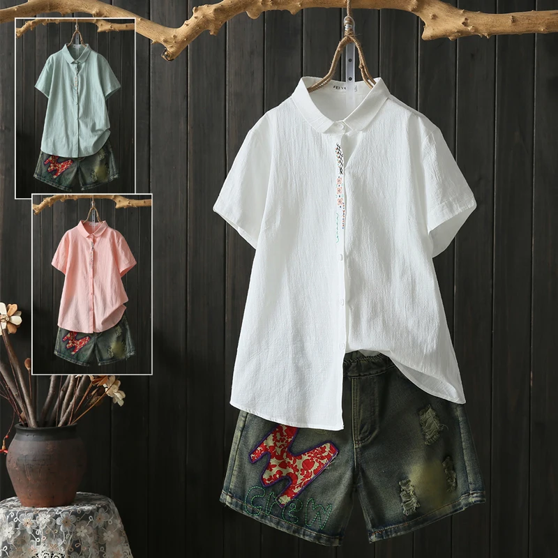 plus Size Women's Cotton Linen Short Sleeve Embroidered Shirt Spring Summer Fashion Color Button Sweet Style Collar Top
plus Size Women's Cotton Linen Short Sleeve Embroidered Shirt Spring Summer Fashion Color Button Sweet Style Collar Top