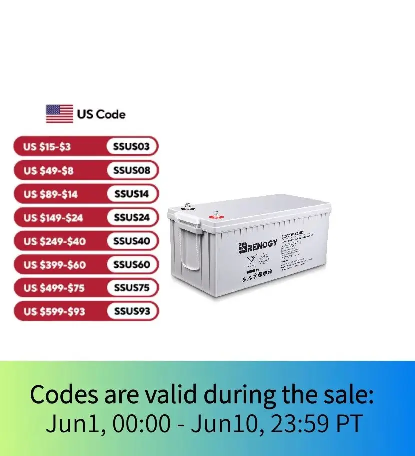 Renogy Deep Cycle AGM Battery 12 Volt 200Ah, 3% Self-Discharge Rate, 2000A Max Discharge Current, Safe Charge
Renogy Deep Cycle AGM Battery 12 Volt 200Ah, 3% Self-Discharge Rate, 2000A Max Discharge Current, Safe Charge