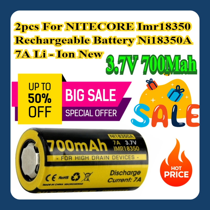 2pcs For NITECORE Imr18350 Rechargeable Battery Ni18350A 3.7V 700Mah 7A Li - Ion New
2pcs For NITECORE Imr18350 Rechargeable Battery Ni18350A 3.7V 700Mah 7A Li - Ion New