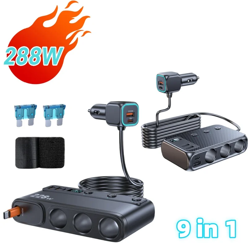 228W Car Charger Splitter 9 in 1 PD QC3.0 Fast Charging Adapter with Independent Switches 3 Cigarette Lighter Sockets 12V 24V
228W Car Charger Splitter 9 in 1 PD QC3.0 Fast Charging Adapter with Independent Switches 3 Cigarette Lighter Sockets 12V 24V