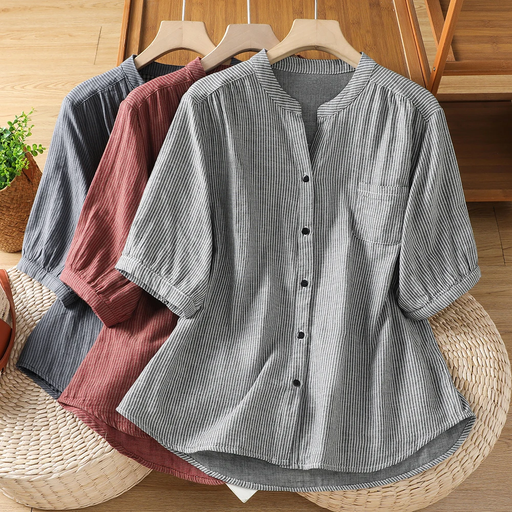 Summer Thin Double Layer Vertical Stripes Short Sleeve Casual Loose Large Size Stand Collar Women's Shirt Fashion Versatile
Summer Thin Double Layer Vertical Stripes Short Sleeve Casual Loose Large Size Stand Collar Women's Shirt Fashion Versatile