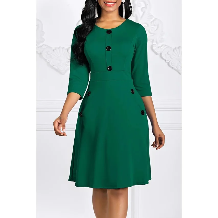 Trendy Women Dress Spring Autumn Vintage Solid Color O-Neck 3/4 Sleeve Button Waist A-line Elegant Casual Office Lady Robe Femme
Trendy Women Dress Spring Autumn Vintage Solid Color O-Neck 3/4 Sleeve Button Waist A-line Elegant Casual Office Lady Robe Femme