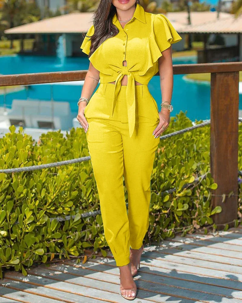 Casual commuting ruffle collocation lace style waist material age two-piece lapel shirt suit street fashion sexy women
Casual commuting ruffle collocation lace style waist material age two-piece lapel shirt suit street fashion sexy women