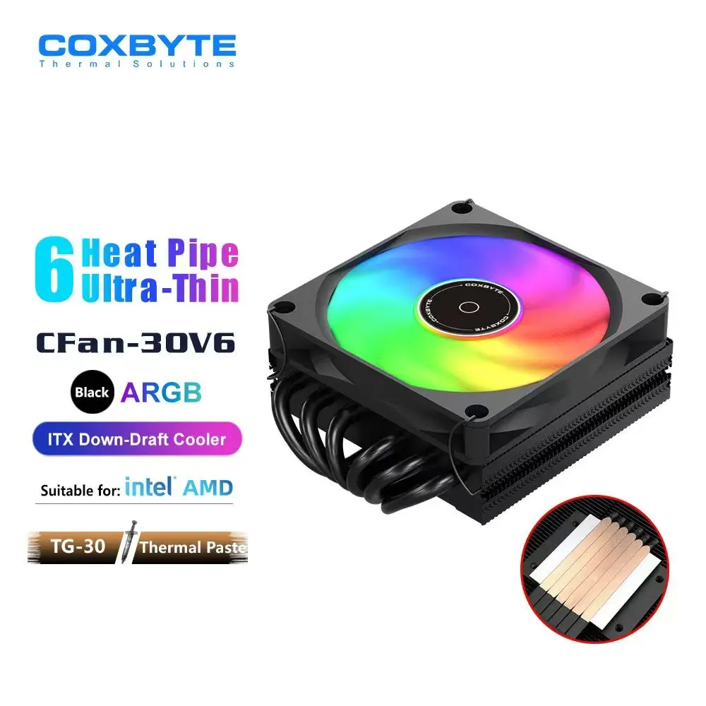 COXBYTE CFan-30V6 6 Heat Pipes Down-pressure CPU Air-cooling Cooler 45MM High 9CM Fan for LGA1200/1700/AM4/5 ITX Chassis
COXBYTE CFan-30V6 6 Heat Pipes Down-pressure CPU Air-cooling Cooler 45MM High 9CM Fan for LGA1200/1700/AM4/5 ITX Chassis