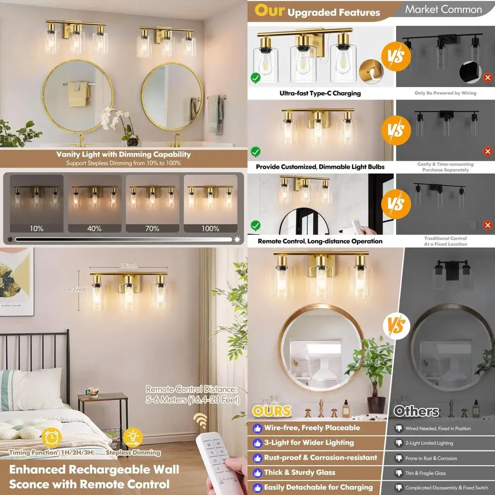 Wireless 3-Light Dimmable Sconce with Remote, Rechargeable Vanity Light, Gold Wall Lamp for Indoor Decor
Wireless 3-Light Dimmable Sconce with Remote, Rechargeable Vanity Light, Gold Wall Lamp for Indoor Decor