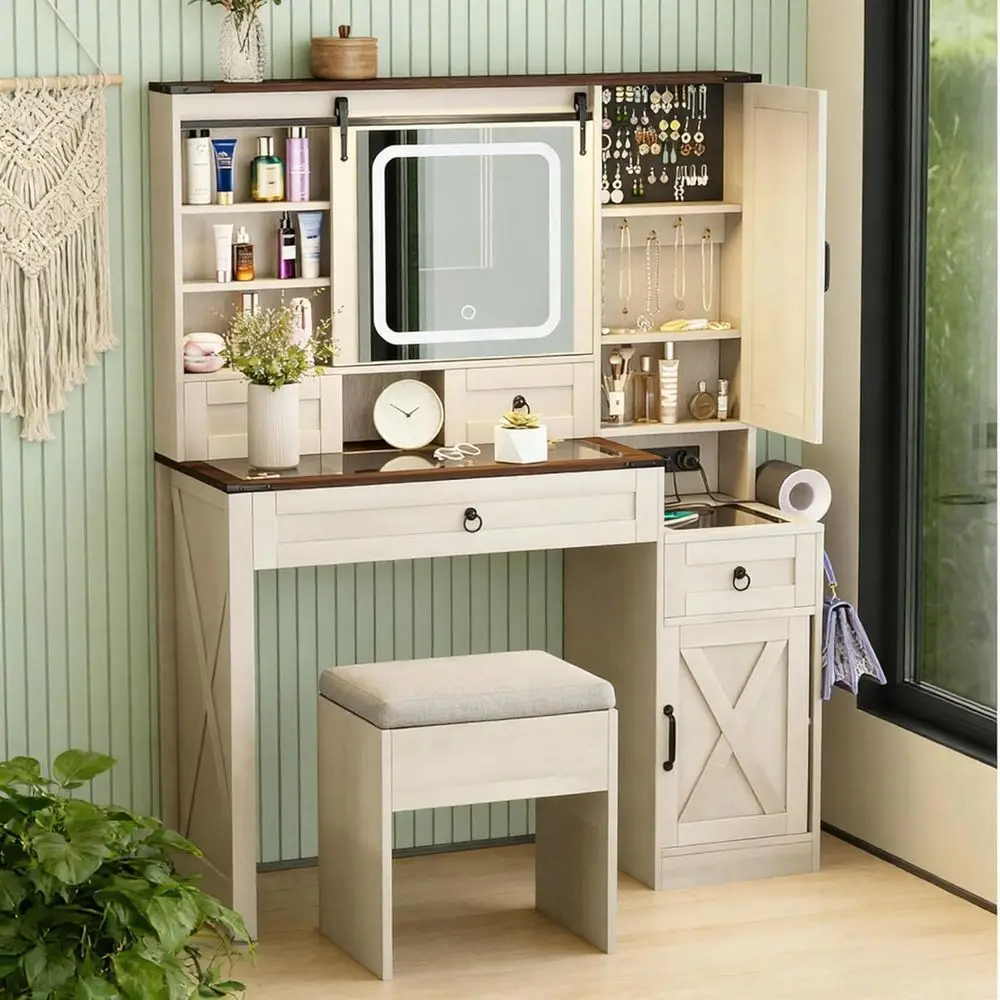 White Vanity Desk with Mirror & Lights, 42 Glass Dining Table with Charging & Storage, Desk with 4 Drawers & 2 Cabinets, Compact
White Vanity Desk with Mirror & Lights, 42 Glass Dining Table with Charging & Storage, Desk with 4 Drawers & 2 Cabinets, Compact