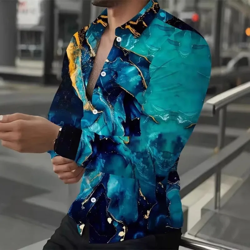Men's Male Print Long Sleeve Button Down Shirt Blue Gold Fluid Art Casual Shirt for Party
Men's Male Print Long Sleeve Button Down Shirt Blue Gold Fluid Art Casual Shirt for Party