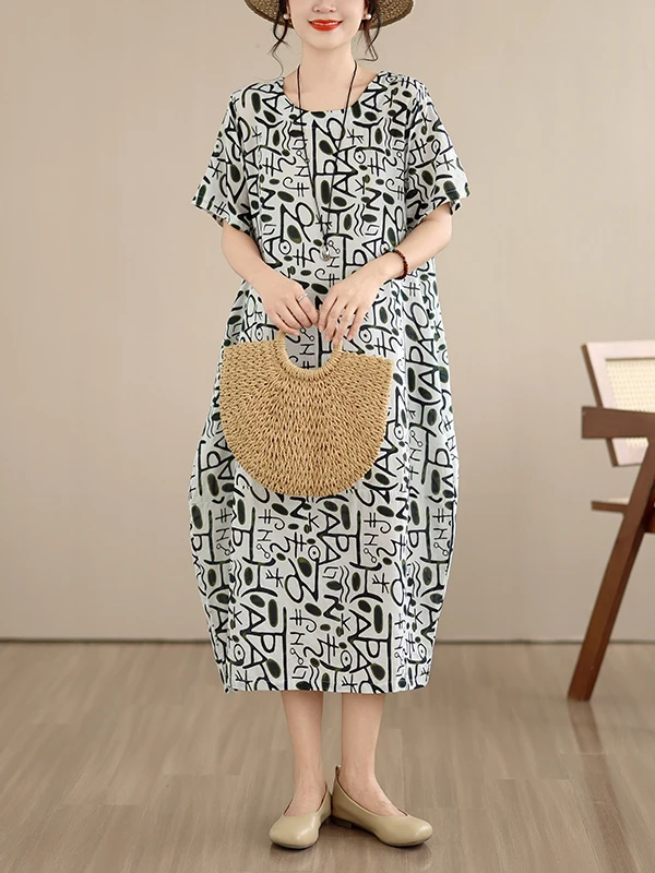Casual Cotton Linen Print Slimming Short Sleeve Summer Dress Women's Fashion Citywalk Lantern Skirt Style round Neck Dress
Casual Cotton Linen Print Slimming Short Sleeve Summer Dress Women's Fashion Citywalk Lantern Skirt Style round Neck Dress