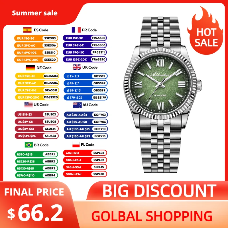 ADDIESDIVE Sapphire Crystal Woman's Watch 36mm VH31 Quartz BGW9 Super Luminous 100m Waterproof Business Women Steel Wristwatch
ADDIESDIVE Sapphire Crystal Woman's Watch 36mm VH31 Quartz BGW9 Super Luminous 100m Waterproof Business Women Steel Wristwatch