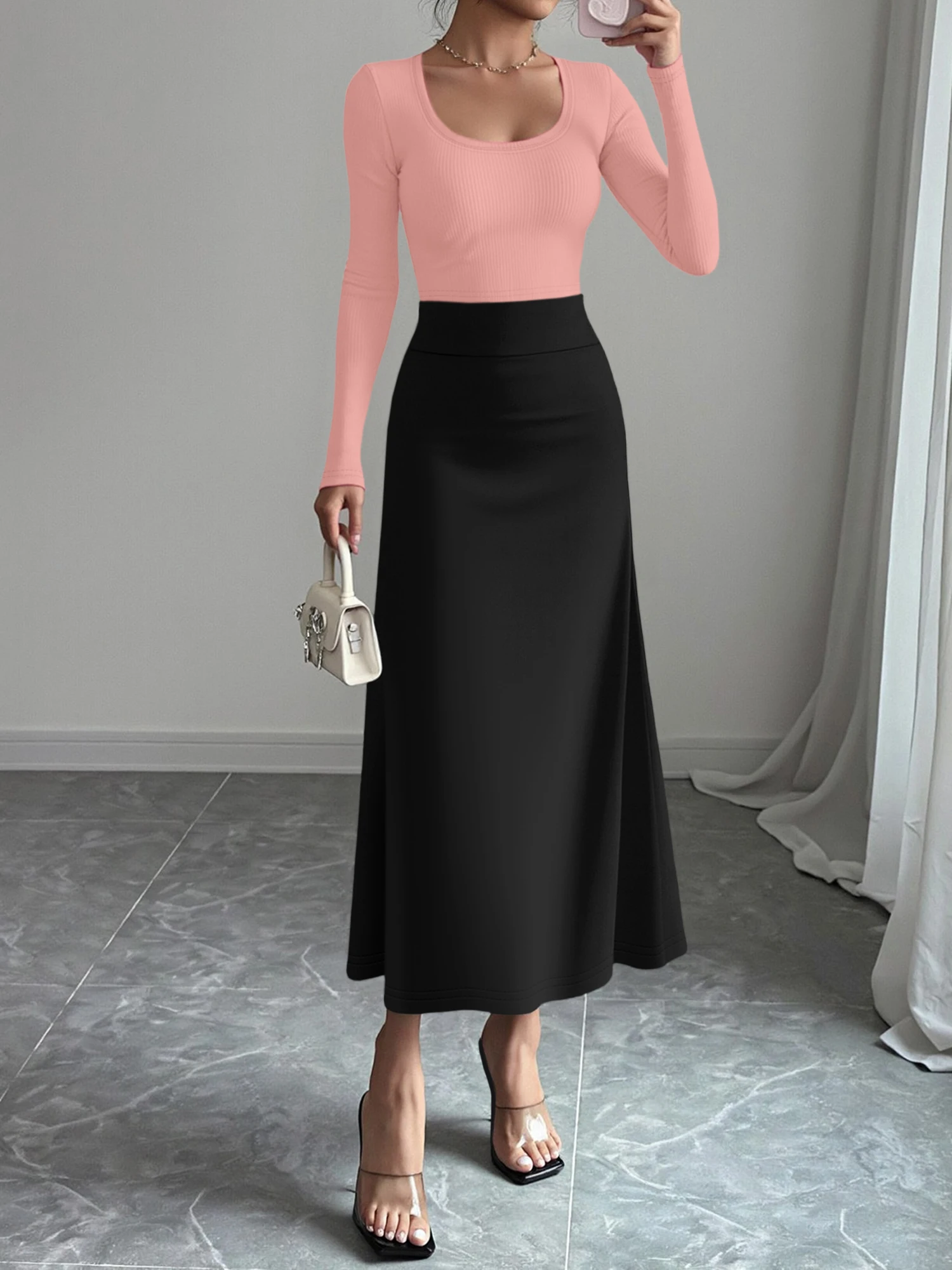Women 2 Piece Outfit U-Neck Long Sleeve Crop Top & High Waist A-Line Skirt, Stretchy Casual Matching Set
Women 2 Piece Outfit U-Neck Long Sleeve Crop Top & High Waist A-Line Skirt, Stretchy Casual Matching Set