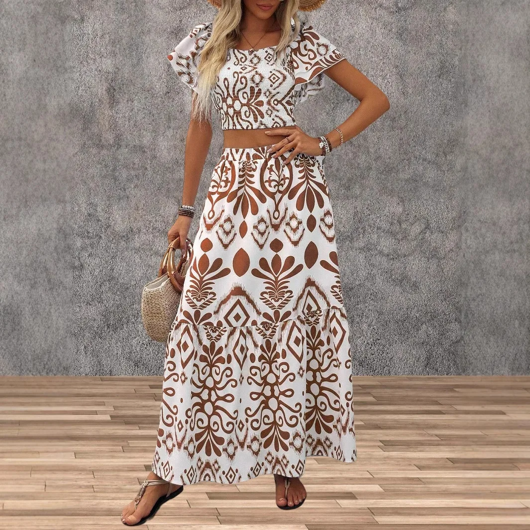 Summer New Printed 2 Piece Set Square Collar Elastic Bust Sleeve Short Top Elegant high Waist Long Dress Set Holiday Beachwear
Summer New Printed 2 Piece Set Square Collar Elastic Bust Sleeve Short Top Elegant high Waist Long Dress Set Holiday Beachwear