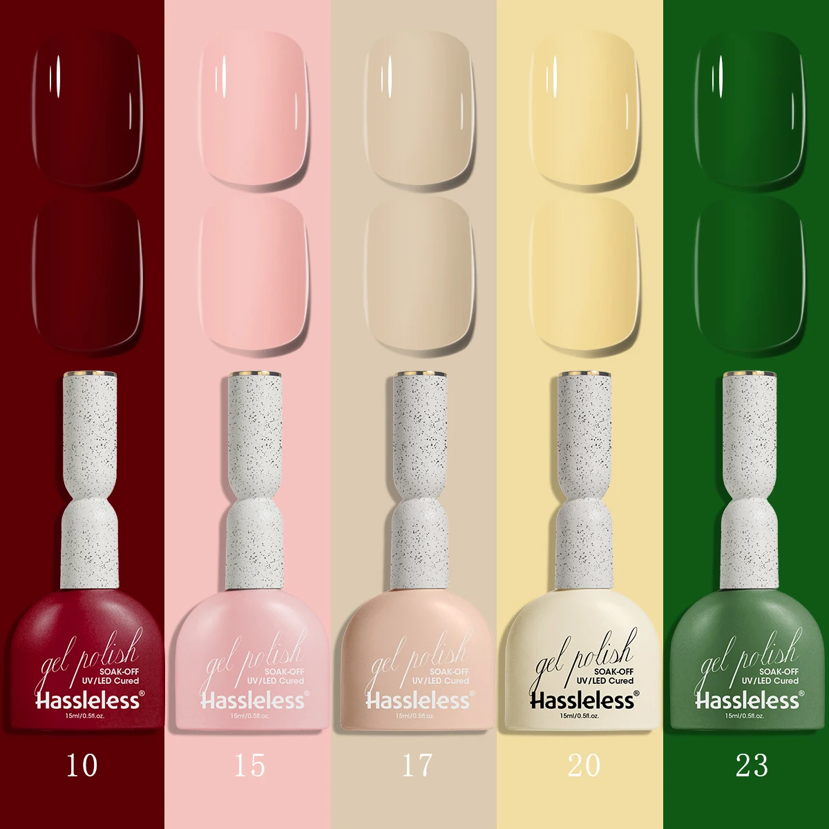 5-color nail polish set, featuring five colors: wine red, peach pink, nude milk tea, cream yellow, and dark green.
5-color nail polish set, featuring five colors: wine red, peach pink, nude milk tea, cream yellow, and dark green.