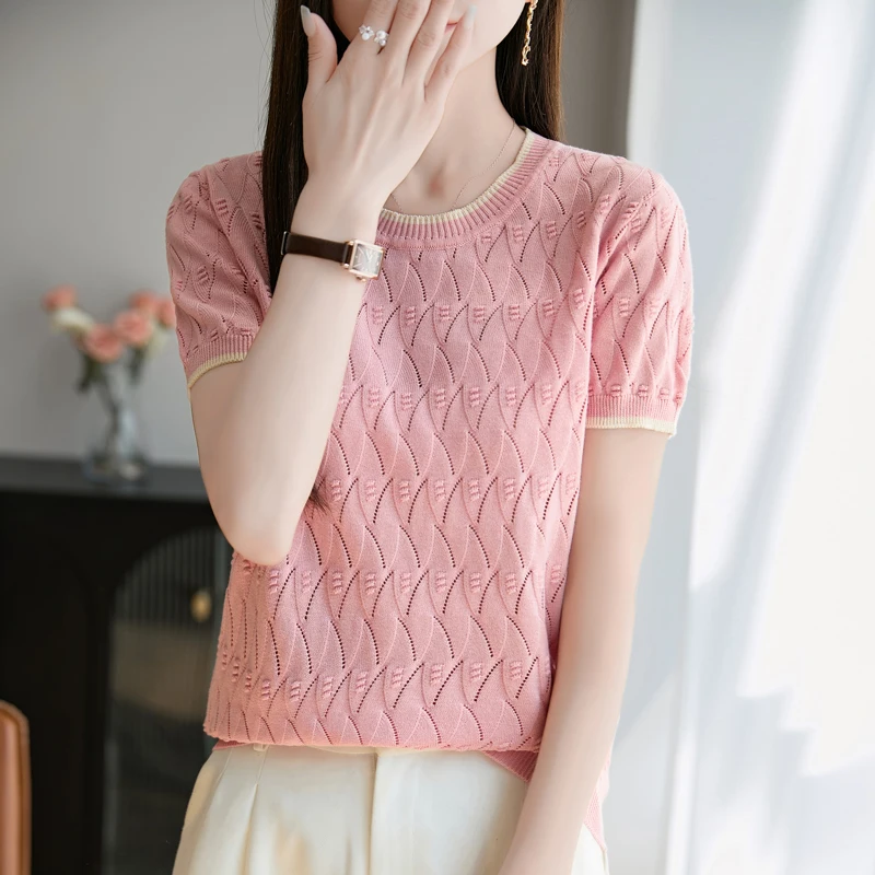 Women's T-shirt Summer 100% Cotton Sweater Short Sleeve Fashion Knitted Round Neck Ladies Tops Loose Blouse Pullover Hollow Tees
Women's T-shirt Summer 100% Cotton Sweater Short Sleeve Fashion Knitted Round Neck Ladies Tops Loose Blouse Pullover Hollow Tees