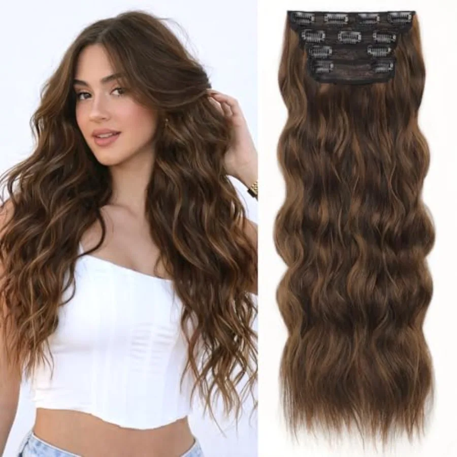 Clip in Long Wavy Synthetic Hair Extension 24 Inch Brown with Caramel Highlights 4PCS Thick Hairpieces Fiber Double Weft Hair f
Clip in Long Wavy Synthetic Hair Extension 24 Inch Brown with Caramel Highlights 4PCS Thick Hairpieces Fiber Double Weft Hair f