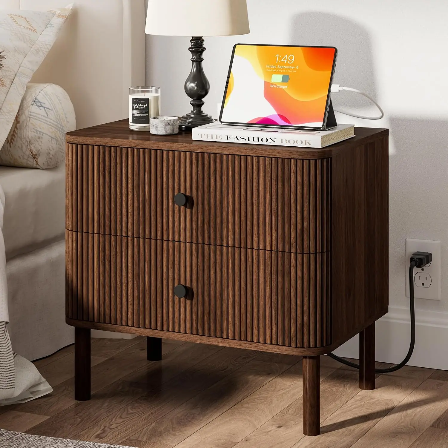 23" Fluted Nightstand With Soft Rounded Drawer Fronts & Solid Wood Cylindrical Legs, 2 Drawer Walnut Night Stand, Customized
23" Fluted Nightstand With Soft Rounded Drawer Fronts & Solid Wood Cylindrical Legs, 2 Drawer Walnut Night Stand, Customized