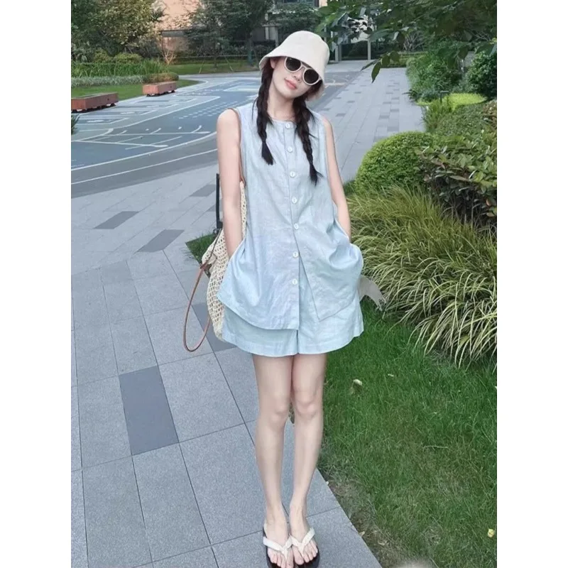 Women Korean Style Linen Sleeveless Button Vest and Loose Shorts Two Piece Casual Set S-XXL
Women Korean Style Linen Sleeveless Button Vest and Loose Shorts Two Piece Casual Set S-XXL