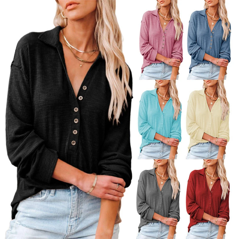 2022 Autumn and Winter New Women's T-Shirt Long-Sleeved Knitted Solid Color Lapel Button T-Shirt Top Women
2022 Autumn and Winter New Women's T-Shirt Long-Sleeved Knitted Solid Color Lapel Button T-Shirt Top Women
