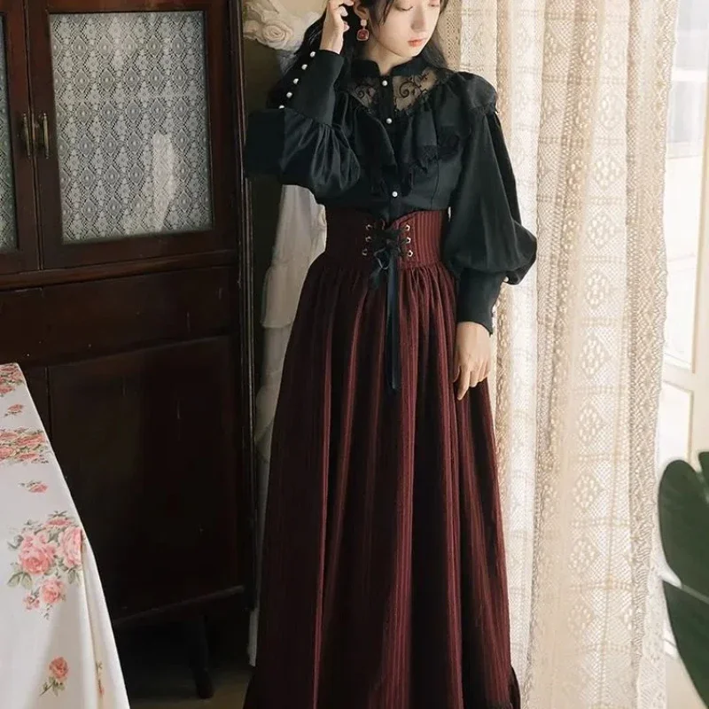 French Dark Retro Long Sleeved Lace Shirt Striped Long Skirt Two-piece Dress Set
French Dark Retro Long Sleeved Lace Shirt Striped Long Skirt Two-piece Dress Set