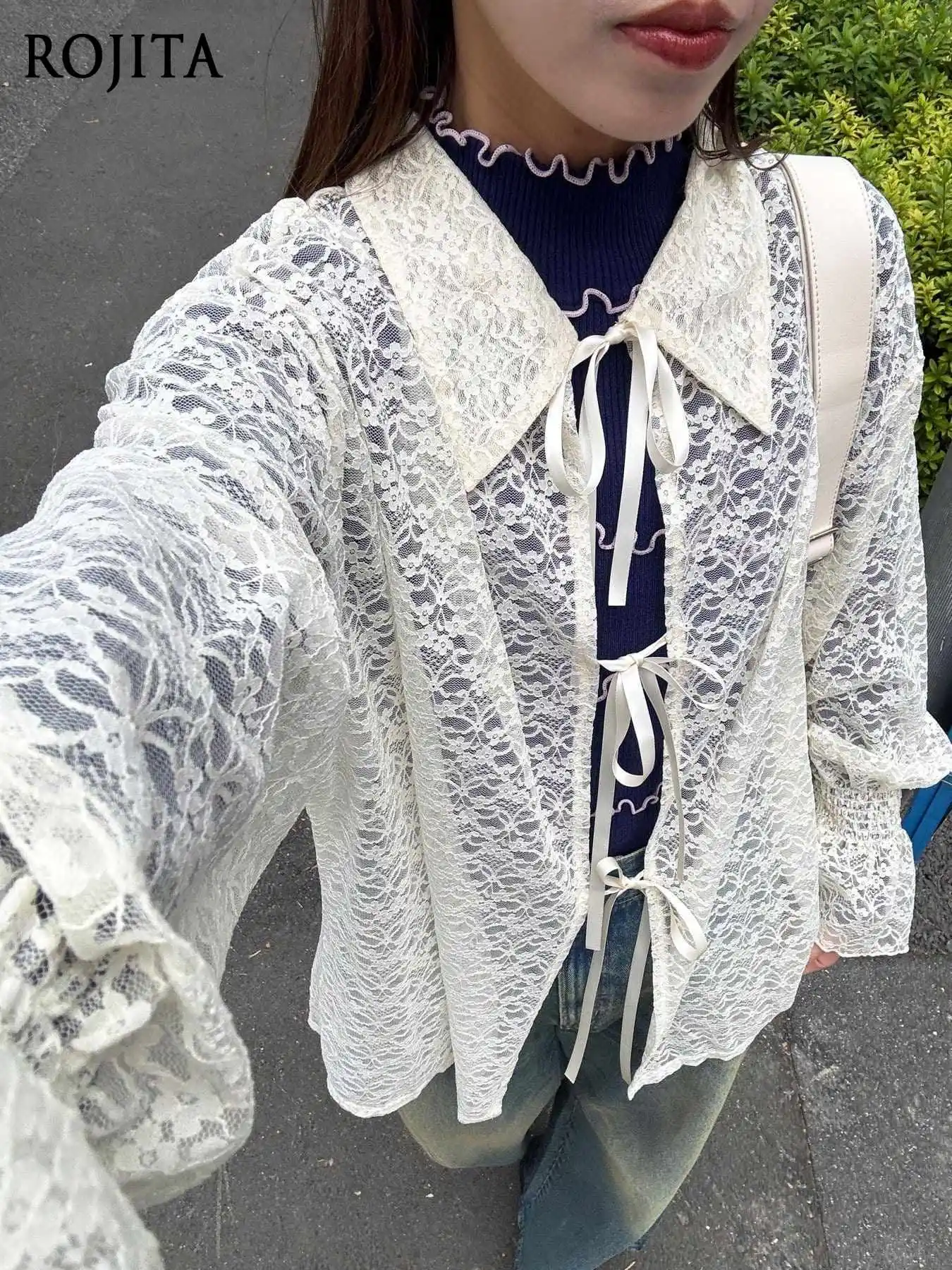 Lace Horn Cuffs Lace-up Placket Universal Stacked Blouse Sweet Lace Cardigan Sheer Floral Embroidery Tie-Front Blouse
Lace Horn Cuffs Lace-up Placket Universal Stacked Blouse Sweet Lace Cardigan Sheer Floral Embroidery Tie-Front Blouse