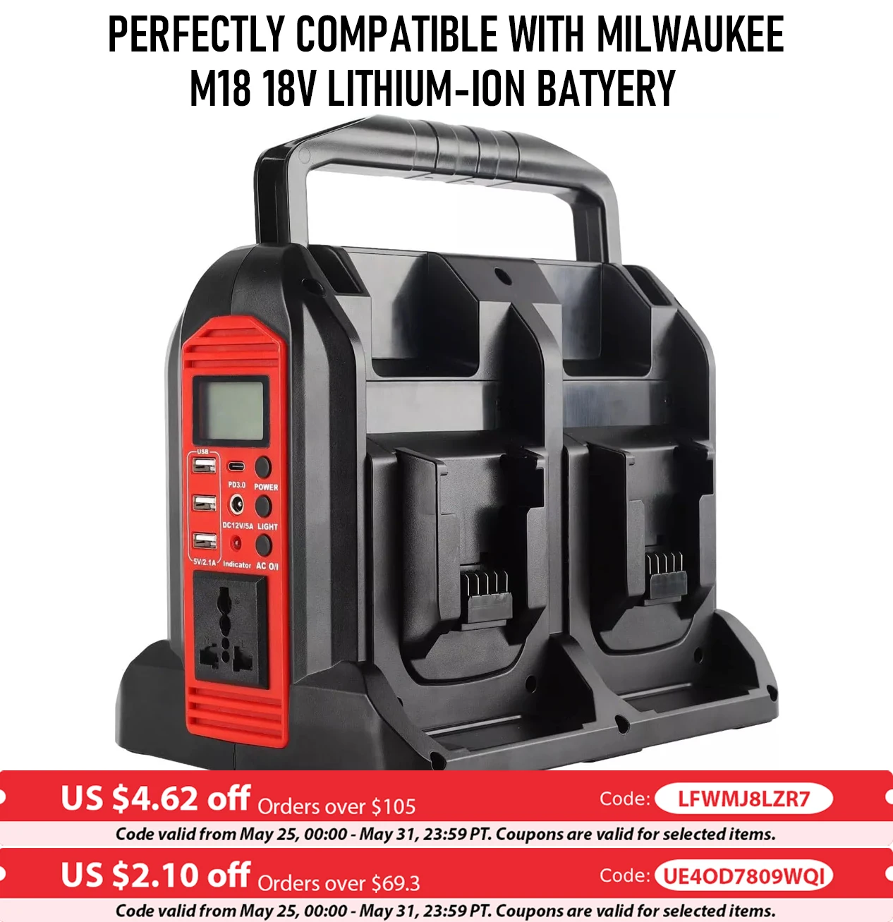 350W Power Inverter for Milwaukee M18 18V Battery 4-Ports DC 18V to AC 110V/220-230V Pure Sine Wave Battery Inverter for Camping
350W Power Inverter for Milwaukee M18 18V Battery 4-Ports DC 18V to AC 110V/220-230V Pure Sine Wave Battery Inverter for Camping