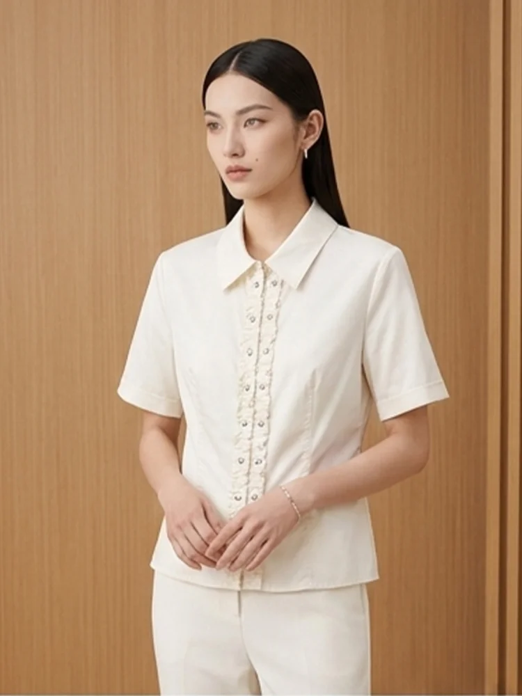Polo Collar Short Turn-up Sleeve Shirt Casual Women Studded Ruffles Slim-fit Button Decoration Top Lady Elegant Daily Wears New
Polo Collar Short Turn-up Sleeve Shirt Casual Women Studded Ruffles Slim-fit Button Decoration Top Lady Elegant Daily Wears New