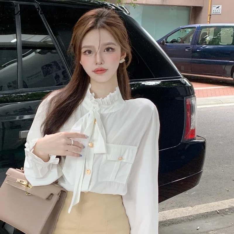Temperament Ladies Tops Long Sleeve White Blouse for Women 2025 Blusas Mujer De Moda Stand Neck Ruffles Bandage Bow Summer Shirt
Temperament Ladies Tops Long Sleeve White Blouse for Women 2025 Blusas Mujer De Moda Stand Neck Ruffles Bandage Bow Summer Shirt