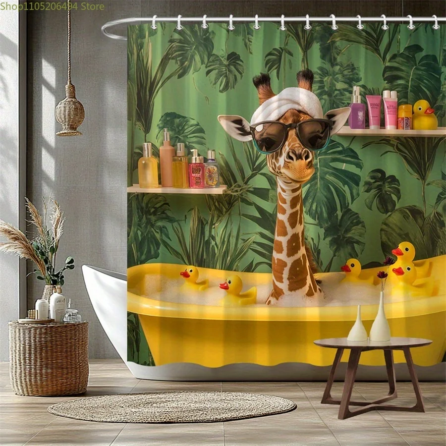 1pc Giraffe in Bathtub Shower Curtain with Ducks - Playful Giraffe with Towel & Fashion Glasses, Rustic Jungle Bathroom Decor
1pc Giraffe in Bathtub Shower Curtain with Ducks - Playful Giraffe with Towel & Fashion Glasses, Rustic Jungle Bathroom Decor