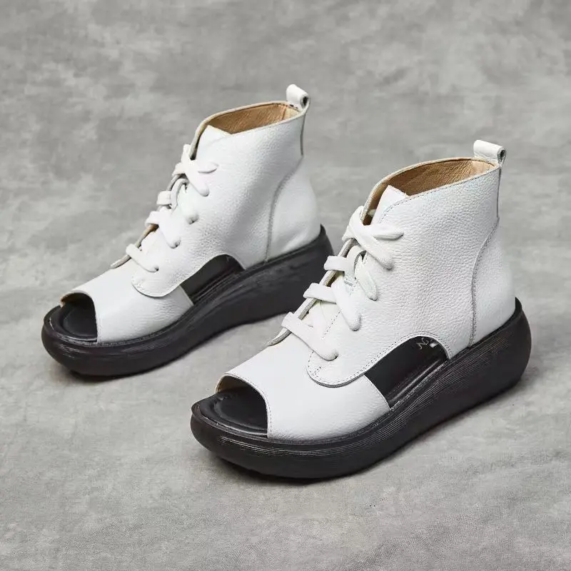 Женские кожаные ботинки с открытым носком, крутые летние ботинки на толстой подошве, легкие нескользящие ботильоны высокого качества на шнуровке, сандалии
Женские кожаные ботинки с открытым носком, крутые летние ботинки на толстой подошве, легкие нескользящие ботильоны высокого качества на шнуровке, сандалии