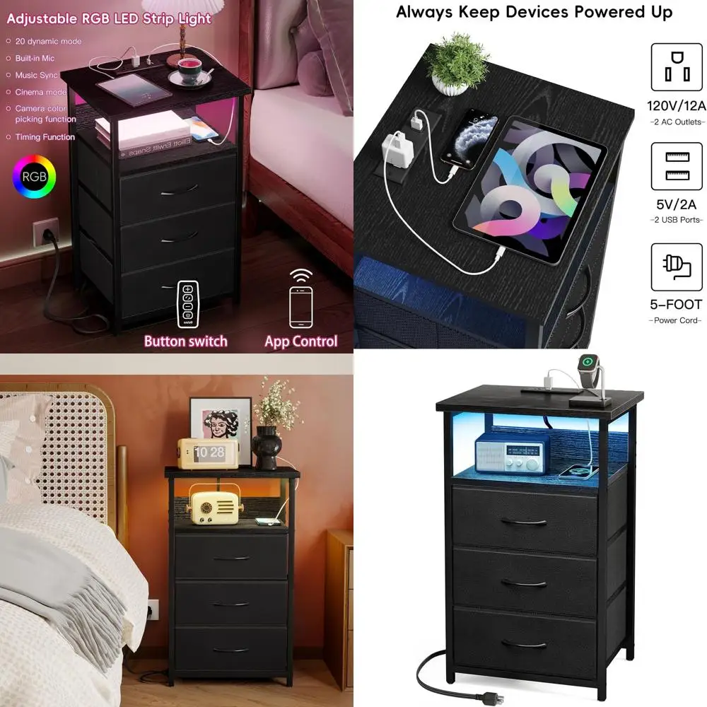 Black LED Nightstand with USB Charging Ports and Fabric Drawers
Black LED Nightstand with USB Charging Ports and Fabric Drawers