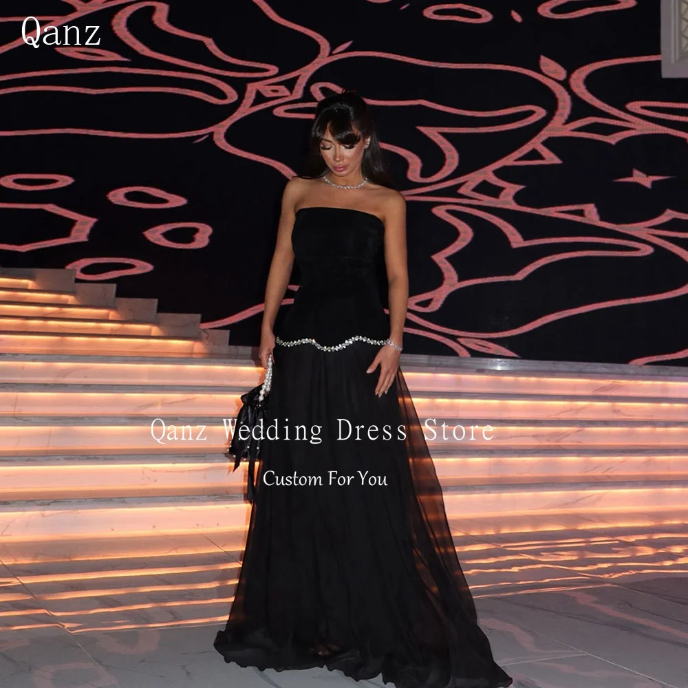 Qanz Dubai Luxury Evening Dress Black Slik Chiffon Strapless Crystal A Line Pageant Dresses for Women Vestido Festa Customized
Qanz Dubai Luxury Evening Dress Black Slik Chiffon Strapless Crystal A Line Pageant Dresses for Women Vestido Festa Customized