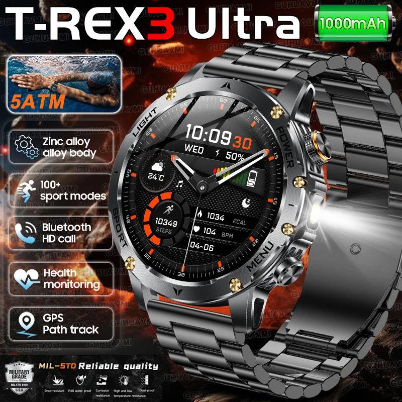 2025 New Military T-Rex 3 Ultra 1000mAh Battery Smart Watch 5ATM Waterproof Flashlight Heart Rate Sports tracker Smartwatch Men
2025 New Military T-Rex 3 Ultra 1000mAh Battery Smart Watch 5ATM Waterproof Flashlight Heart Rate Sports tracker Smartwatch Men