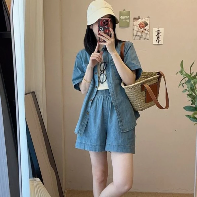 Denim Button Women's Shirts & Blouses Short Sets 2 Pieces Novelty In Casual Female Shorts New Matching Classic Korean Style Kit
Denim Button Women's Shirts & Blouses Short Sets 2 Pieces Novelty In Casual Female Shorts New Matching Classic Korean Style Kit