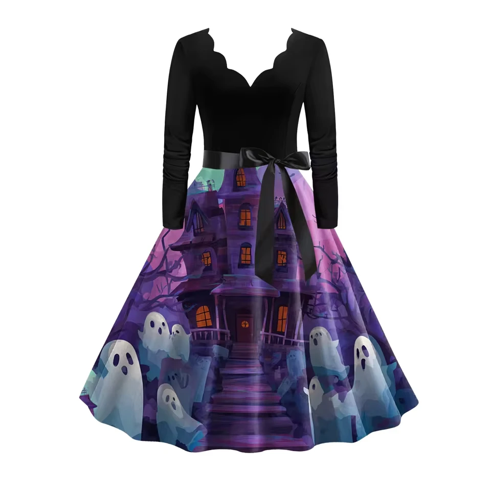 Ladies Fashion Halloween Print Dress Long Sleeve Floral V Neck Belt Slimming Waist Dress Women'S Plus Size Casual Dress
Ladies Fashion Halloween Print Dress Long Sleeve Floral V Neck Belt Slimming Waist Dress Women'S Plus Size Casual Dress