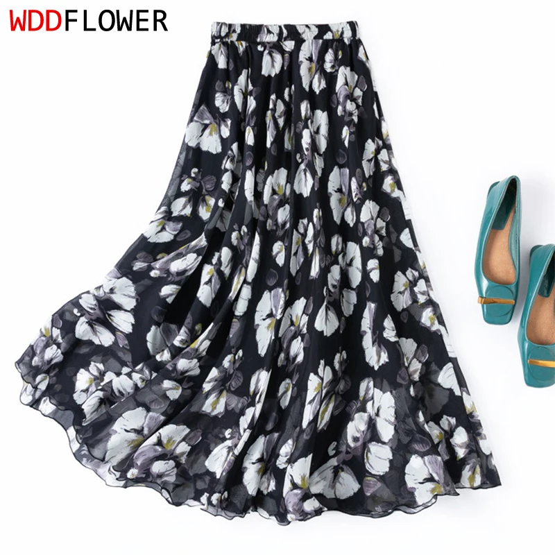 Women Silk Skirt 100% Mulberry Silk Black with White Floral Long Type Skirt With Double Lining Summer Beach Big Hemline M1630
Women Silk Skirt 100% Mulberry Silk Black with White Floral Long Type Skirt With Double Lining Summer Beach Big Hemline M1630