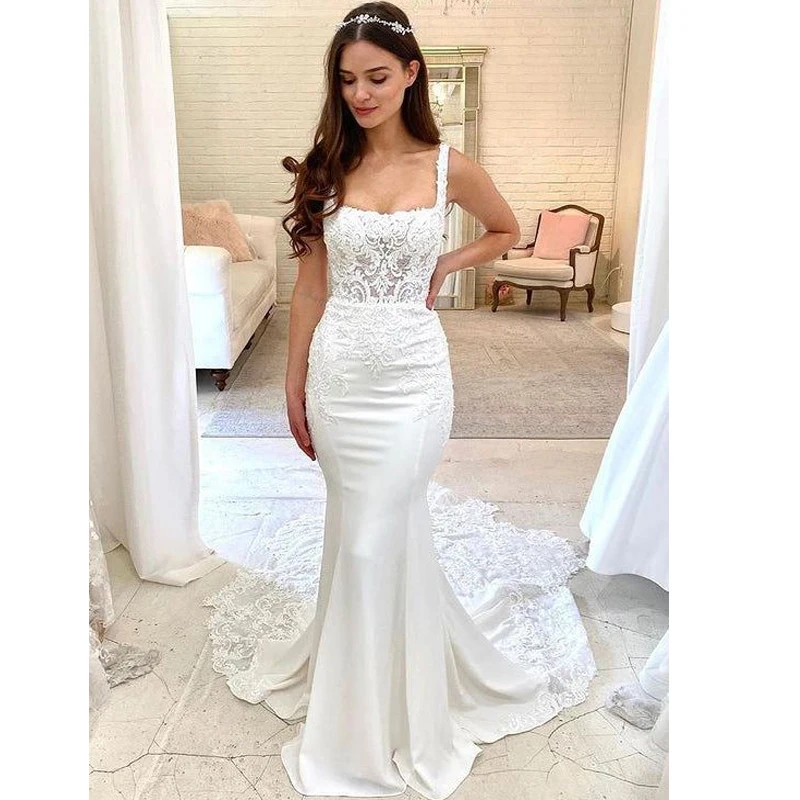 Satin Lace Mermaid Wedding Dresses Straps Lace Up Back Boho Summer Bridal Gowns
Satin Lace Mermaid Wedding Dresses Straps Lace Up Back Boho Summer Bridal Gowns