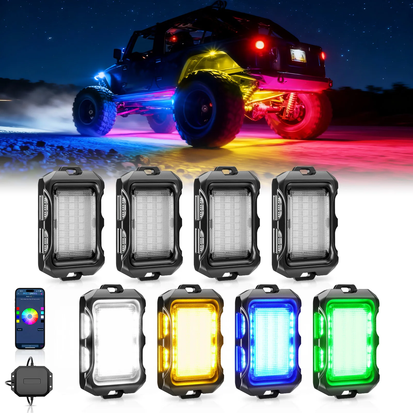 MICTUNING Q2 MAX RGB+IC Rock Lights Kit,8 pods Underglow Multicolor Neon Light Pod with App Control for Truck ATV UTV RZR
MICTUNING Q2 MAX RGB+IC Rock Lights Kit,8 pods Underglow Multicolor Neon Light Pod with App Control for Truck ATV UTV RZR