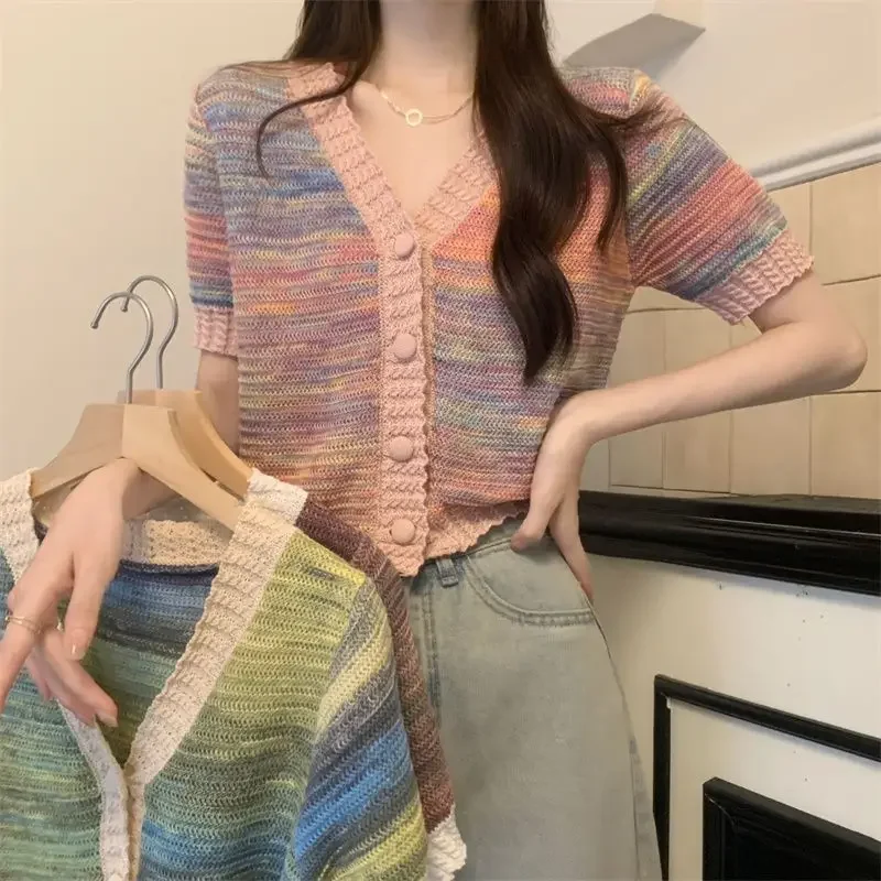 Temperament Colorful Knitted Short-sleeved T-shirt Women's Thin Summer New Simple Versatile Thin French Style Crop Top
Temperament Colorful Knitted Short-sleeved T-shirt Women's Thin Summer New Simple Versatile Thin French Style Crop Top